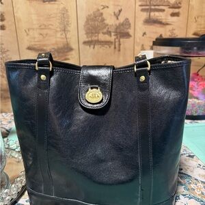 Vintage Brahmin Black Leather Tote with Gold Accents